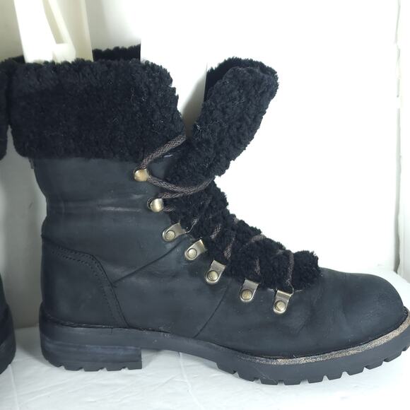UGG Women's Fraser US7 Black Leather Lace Up Waterproof Mid Calf Shearling Boots - Picture 6 of 16